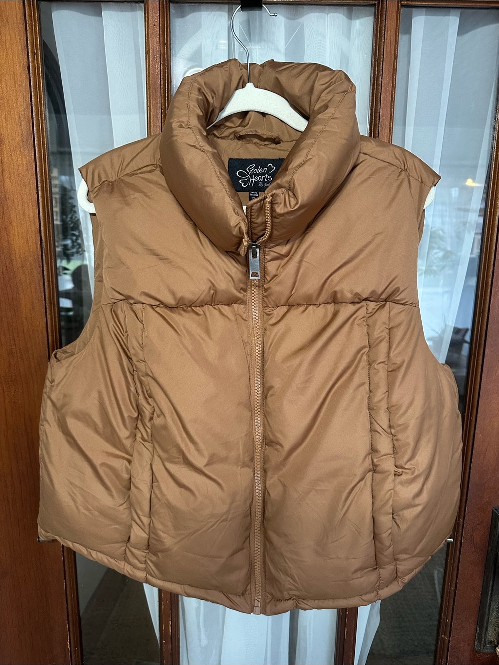 Camel Puffer Vest with High Collar and Pockets
